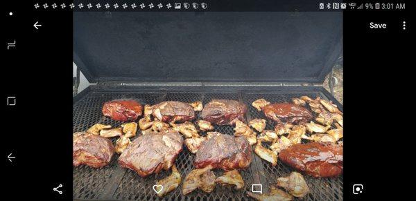 Pork butt's and grill roasted chicken.