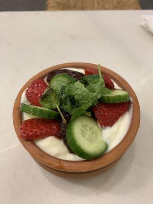 Strawberry yogurt. Grass fed. With mint and cucumber.