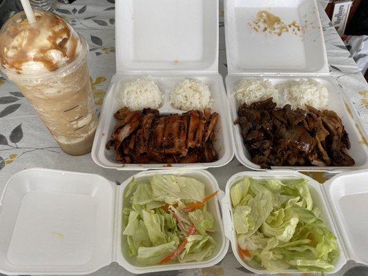 Teriyaki Chicken & Beef & Spicy Teriyaki Chicken.  Side of Caramel Crunch Frappé from Starbucks!