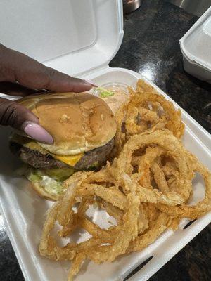 Homemade Hamburger, add cheese Onion Rings