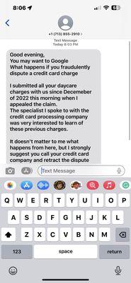 Text message received threatening me about fraud for $50 .