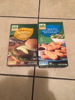 New Vegan Items!! Earth Grown Flame Grilled soy burger patties and chickenless tenders