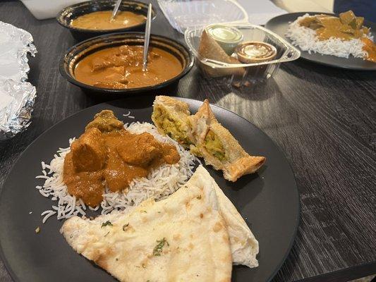 Samosas, Butter Chicken, Lamb Tikka Masala