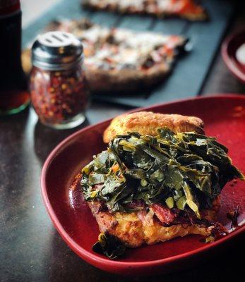 Crispy ham hock and collards biscuit