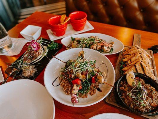 Moroccan zoulook appetizer, grilled mushroom appetizer, ahi tuna appetizer and grilled vegetable kebab entree