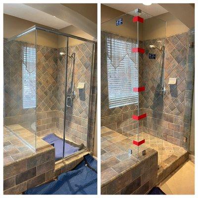 Before and after picture of a framed shower to a frameless shower.