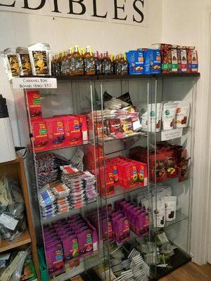 Shelves of Cannabis Edibles inside 420 Holiday Pot Dispensary