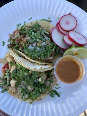 Carnitas and Pollo tacos with the most amazing salsa