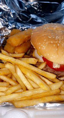 Cheeseburger and fries with mozzarella sticks