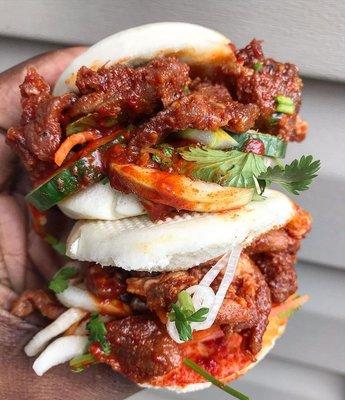 spicy pork bao buns with double pork! photo by @dccheapeats on instagram.