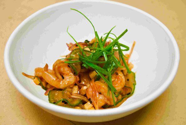 First Course (4-Course) - Bay Shrimp Poke Shaved Red Onions, Cucumber, Jicama, Gochujang-Soy, Sesame Oil, Scallions, Black sesame seeds.