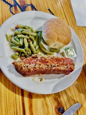 Meatloaf, green beans, and homemade roll