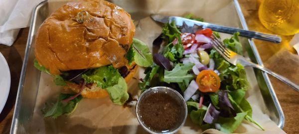 Fried Chicken sandwich, side salad, balsamic.