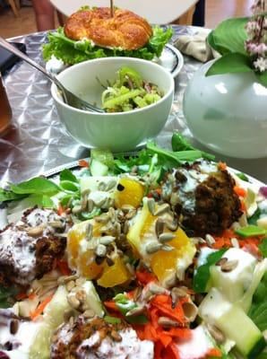 Spring salad, orzo salad and tuna in thee background. Ladies lunch.  :)