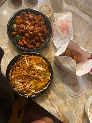 chicken lo mein, sweet & sour chicken, & orange chicken