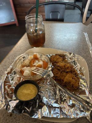 - Chicken tenders w/ honey mustard  - Drunken sweet potatoes - Sweet tea