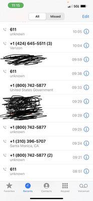 611 calls - Verizon. 424 number - three calls made to local Verizon store - zero answer. 800 numbers, more ups. 310 number, local ups store.