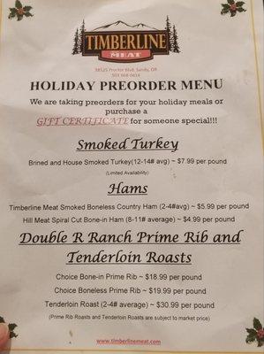 Holiday Pre-order menu