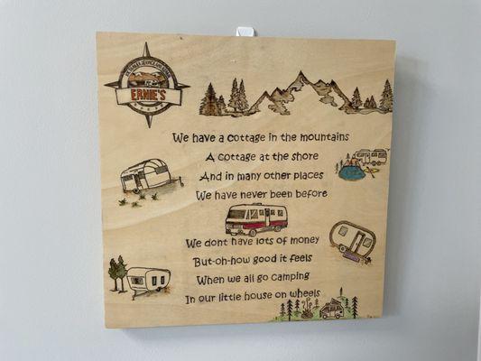 This sign about Ernie's RV adventures is adorable!