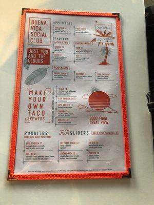 Food menu for the rooftop