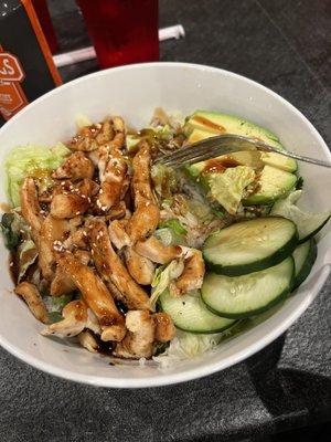 Chicken Teriyaki bowl with cucumber, avocado, lettuce, and white rice was FANTASTIC.