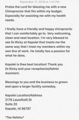 Since it was too lengthy- here's an image of my great experience provided from the Kapolei location...