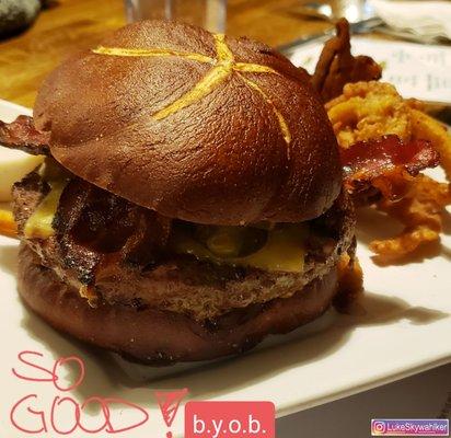 Amazing burger! Grilled perfect and ideal toppings thrown together on this personalized bun.