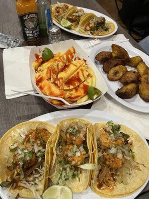 shrimp tacos, mangos, sweet plantains