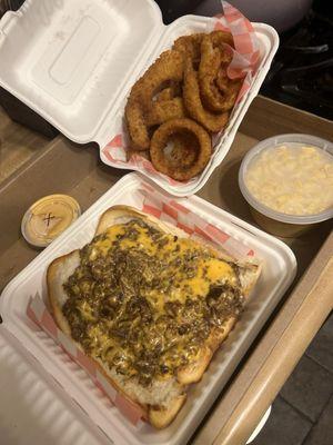 Cheesesteak and Onion Rings. Mac & Cheese side.