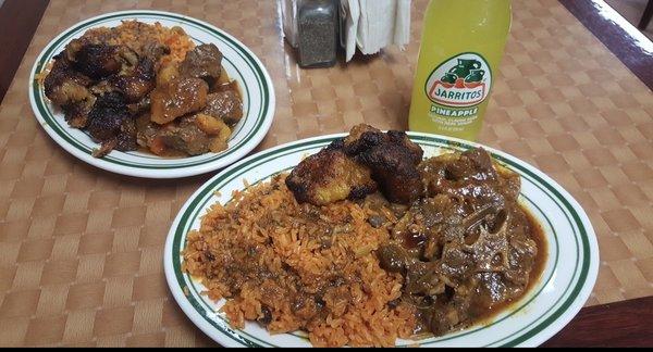 Oxtail, yellow rice, plantains and jarritos pina