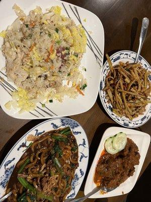 Clockwise -- Fried Rice, 89. Pork with Bamboo Shoot, 120. Beef Rendang, 73. Hokkien Char Mee