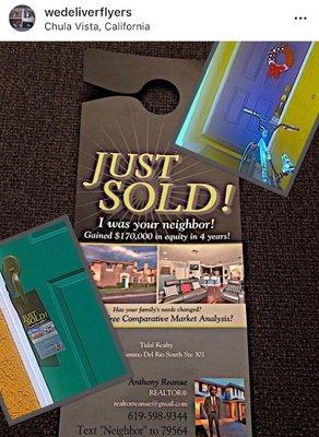 Door Hanger Delivery in Chula Vista to announce Just Sold, I was your neighbor & gained equity in 4 years!