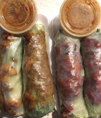 Surf & Turf (lemongrass ribeye & black pepper shrimp) and savory bbq pork spring rolls with spicy peanut sauce