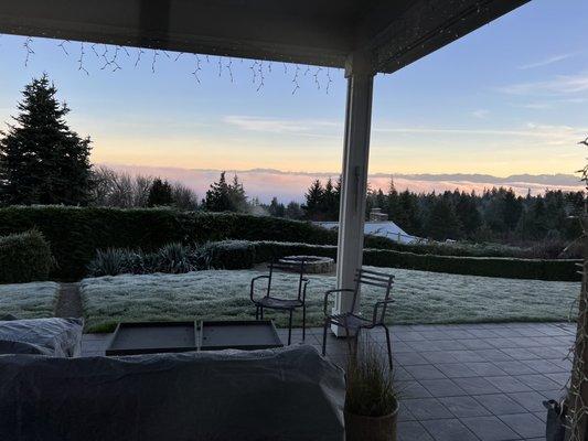 Two Ethimo armchairs in purple. Winter in PNW.