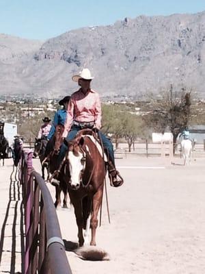 Sheryl schooling one of her adult students gelding at a local show