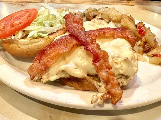 Swiss & Bacon Chicken on Brioche Bun with O'Brien Potatoes