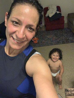 Once again online class body pump using my grand Baby for weights  she's weighing around 50 lbs