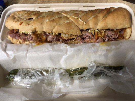 Large BBQ Cuban Sub w/ extra pickle because the picky eater doesn't want hers. Delicious competitor for my New York Steamer.