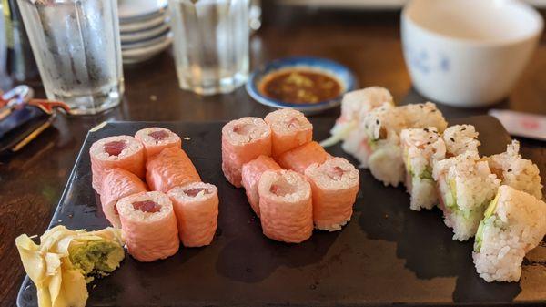 Maki combo- Cali roll, tuna roll, yellowtail scallion roll