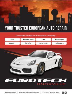 Knoxville's trusted European auto repair, Eurotech Knoxville, servicing Audi, BMW, Land Rover, Mercedes, Mini, Porsche, & VW.