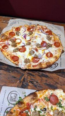 My hubby's choice, pepperoni, sausage and red onion.