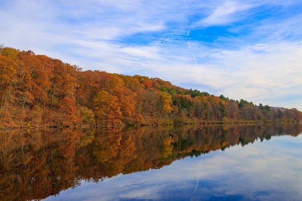 Fall foliage with a reflection from the lake.