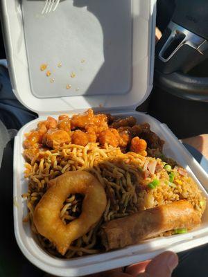 Orange chicken entire with chow mein and fried rice