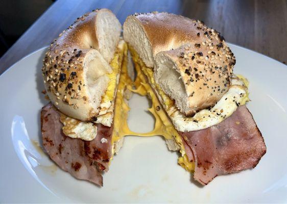 Ham, egg, & cheese (OG) on a toasted everything  bagel