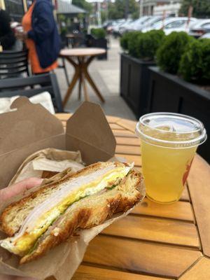 Grandmas golden tea and breakfast sandwich