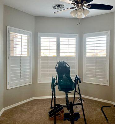 Dining Room turned Exercise Room Bay Windows with O'Hair Shutters from Desert Wind