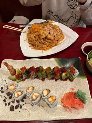 Pad thai, kenzo roll, and spicy shrimp roll