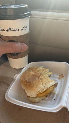 sausage biscuit and "strong and firm" coffee.