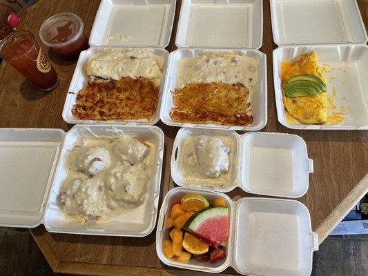 Country Scramble, BYO Omelette, Biscuits & Gravy, side of fruit, Bloody Marys