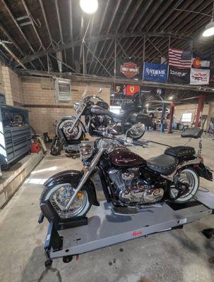 V Star and Suzuki Boulevard in the shop for some service.